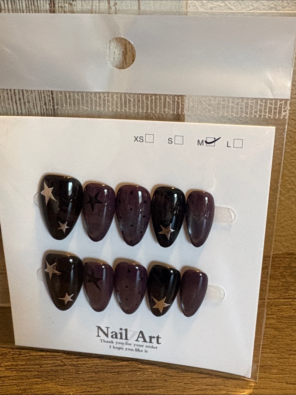 Nail Art Press-On Nails - Deep Purple and Black Star Accents